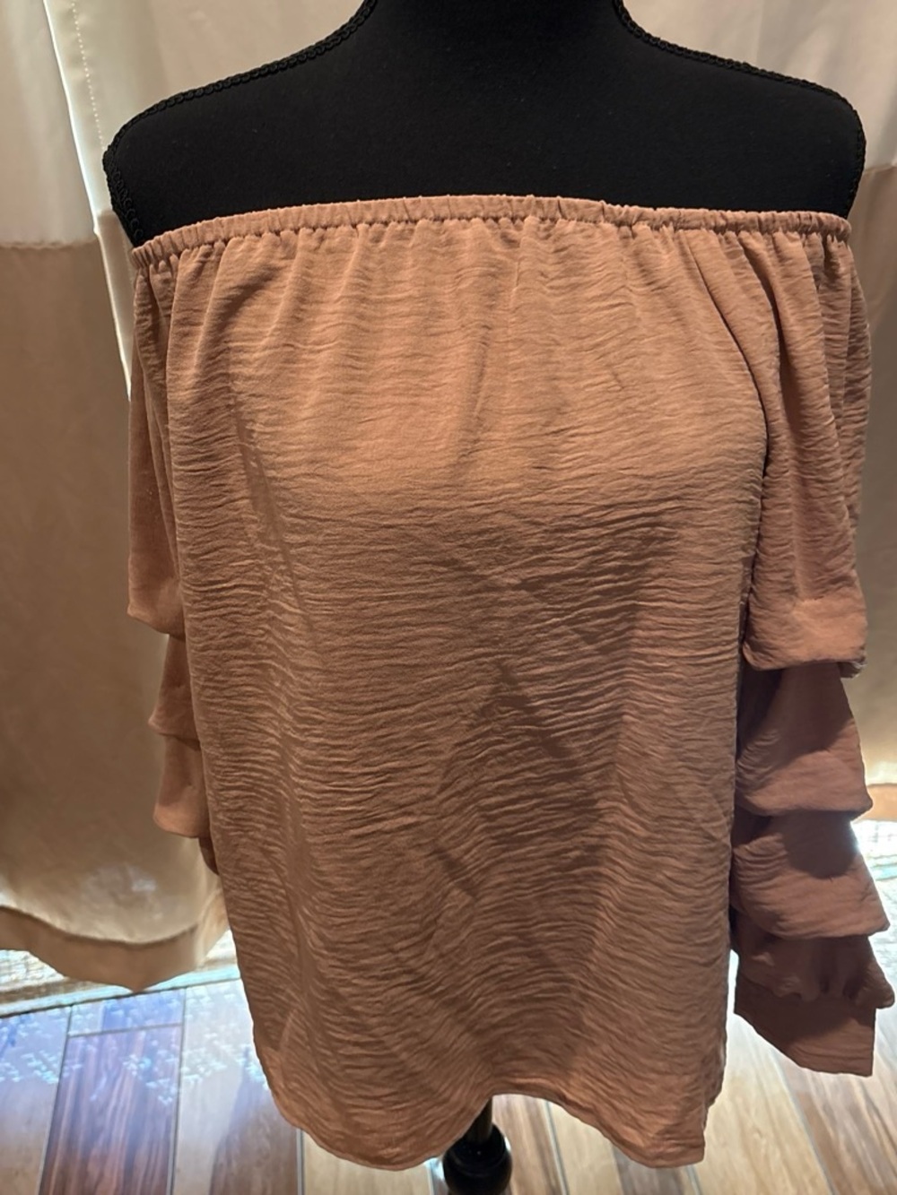 New without tags Off-Shoulder Ruffle Sleeve Top in tan.